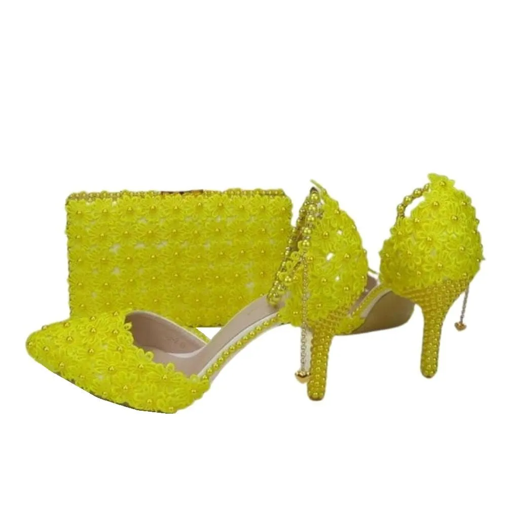 BAYA Women's Fashion Elegant Light Green Flower Lace Design Wedding Shoes with Matching Handbag