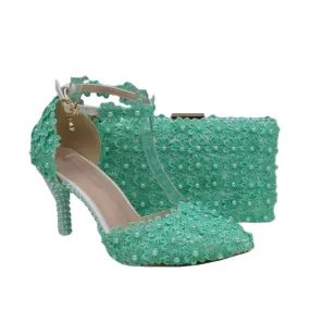 BAYA Women's Fashion Elegant Light Green Flower Lace Design Wedding Shoes with Matching Handbag