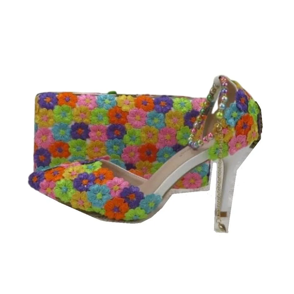 BAYA Women's Fashion Elegant Light Green Flower Lace Design Wedding Shoes with Matching Handbag
