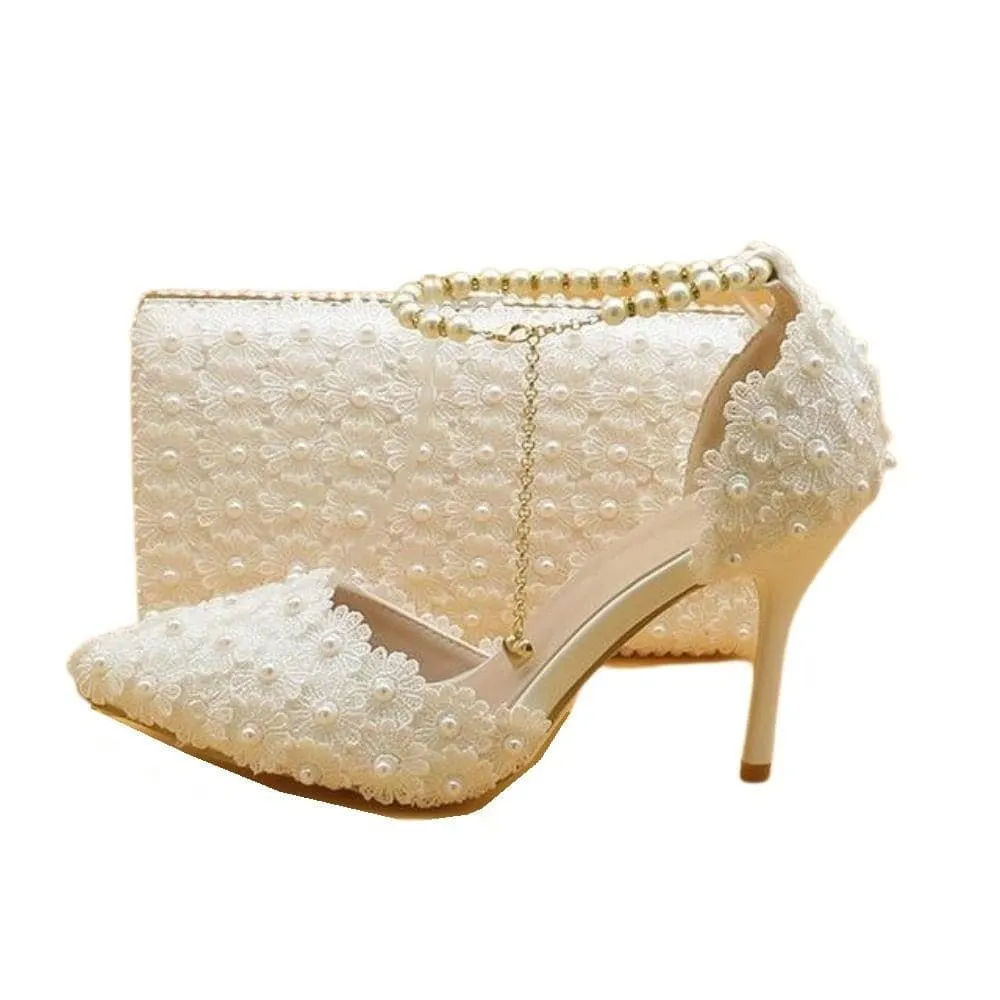 BAYA Women's Fashion Elegant Light Green Flower Lace Design Wedding Shoes with Matching Handbag