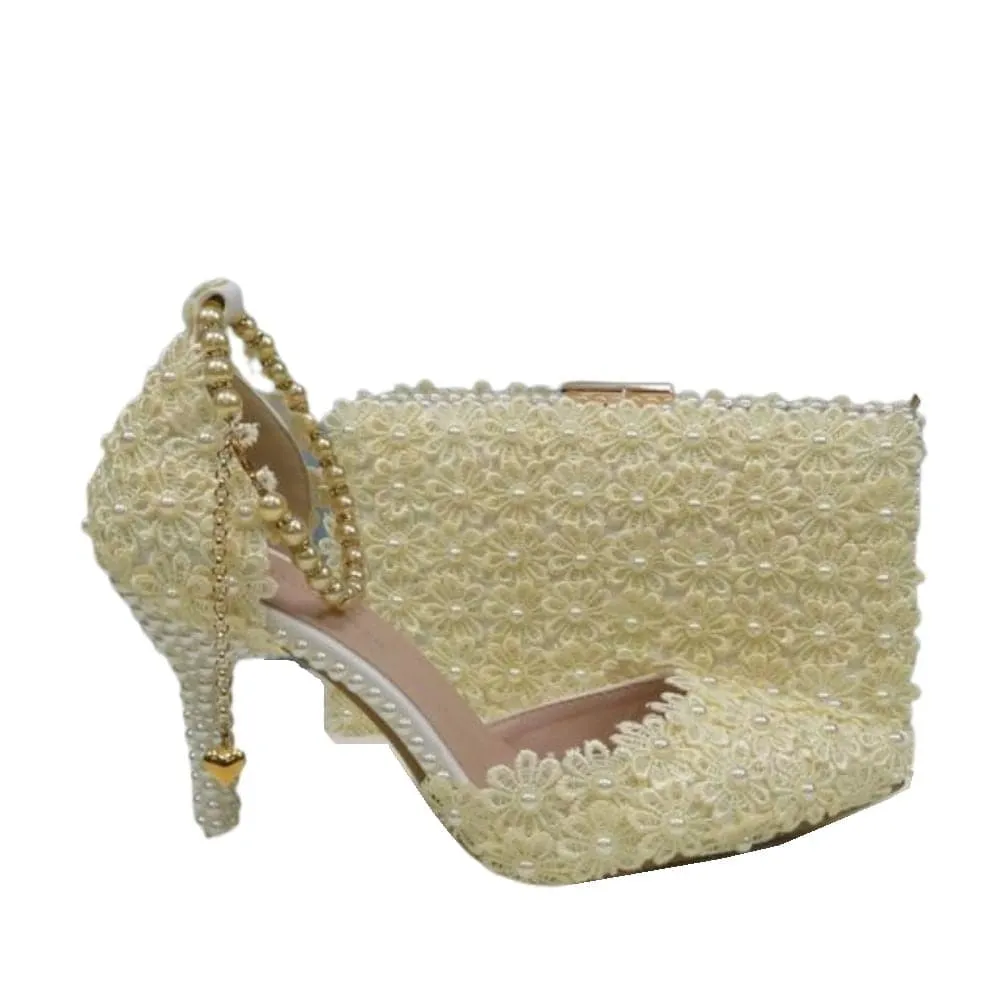 BAYA Women's Fashion Elegant Light Green Flower Lace Design Wedding Shoes with Matching Handbag