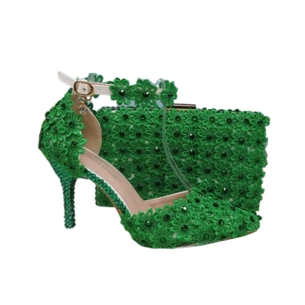 BAYA Women's Fashion Elegant Light Green Flower Lace Design Wedding Shoes with Matching Handbag