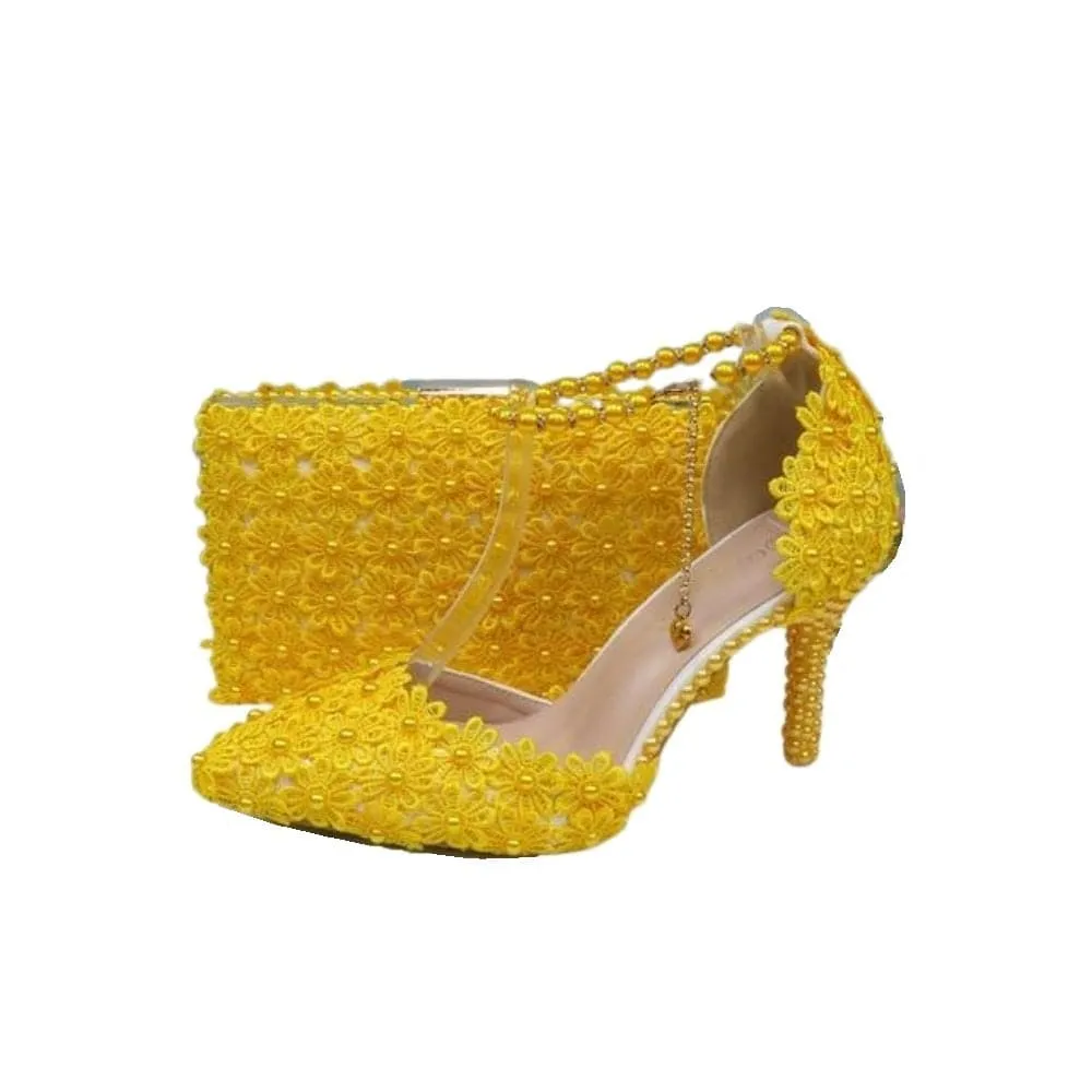 BAYA Women's Fashion Elegant Light Green Flower Lace Design Wedding Shoes with Matching Handbag