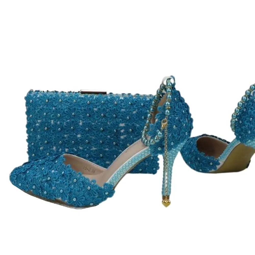 BAYA Women's Fashion Elegant Light Green Flower Lace Design Wedding Shoes with Matching Handbag