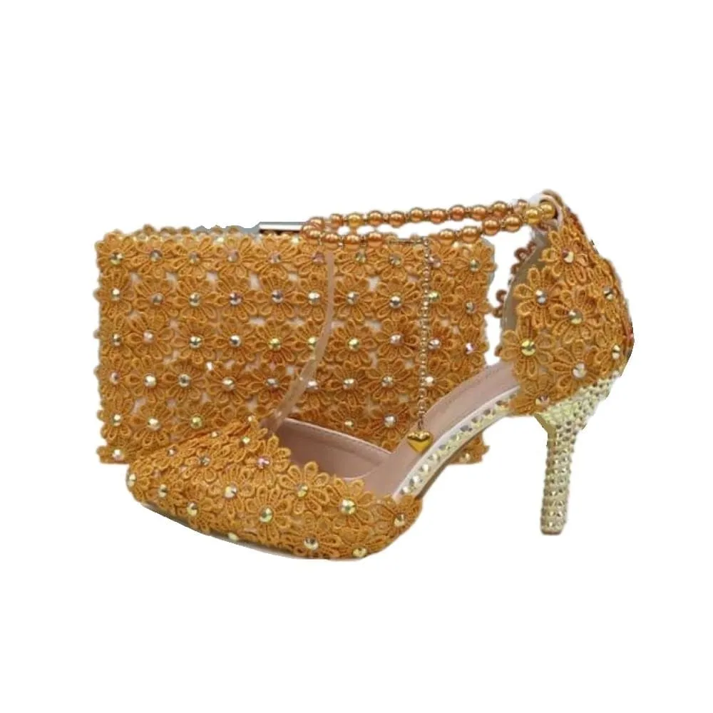 BAYA Women's Fashion Elegant Light Green Flower Lace Design Wedding Shoes with Matching Handbag