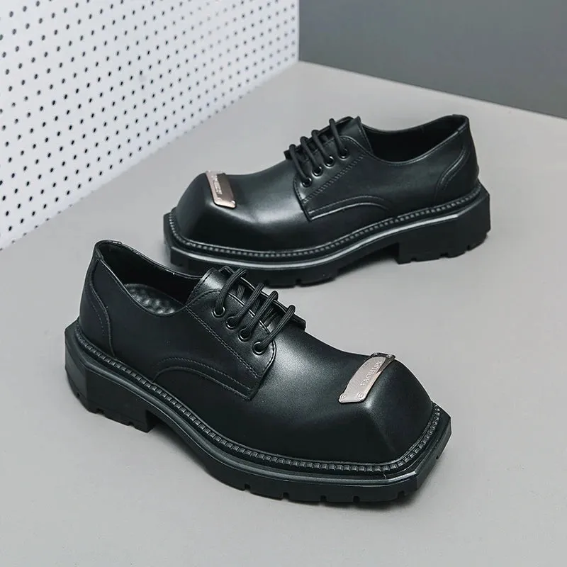 Black Leather Square-Toe Men's Shoes