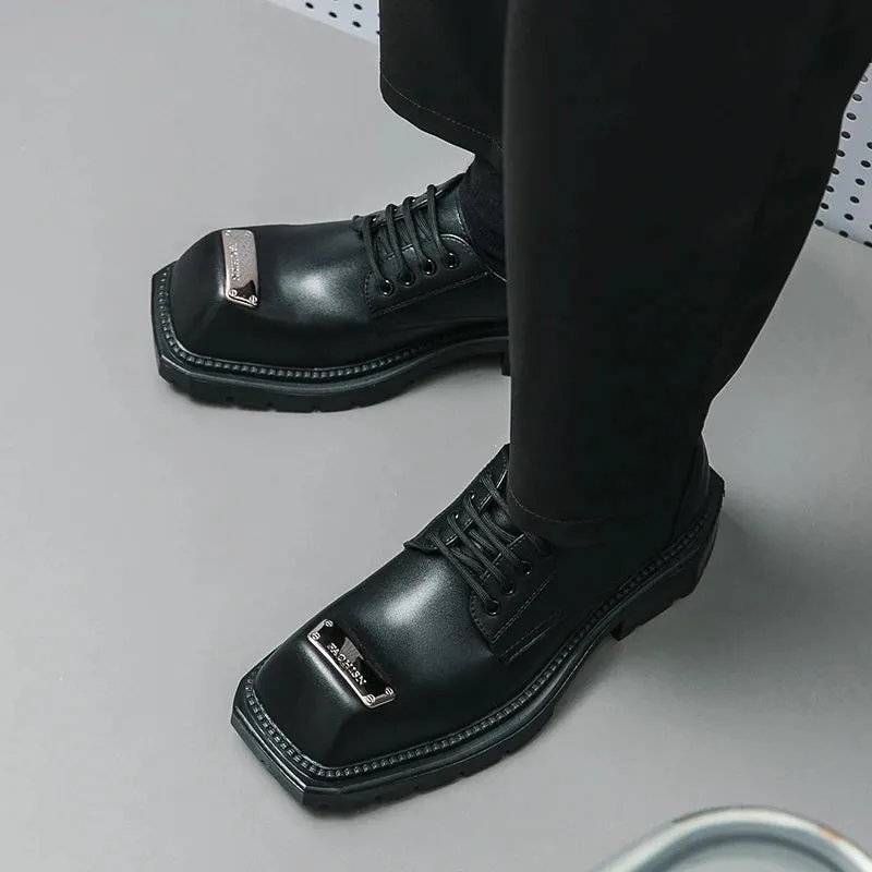 Black Leather Square-Toe Men's Shoes