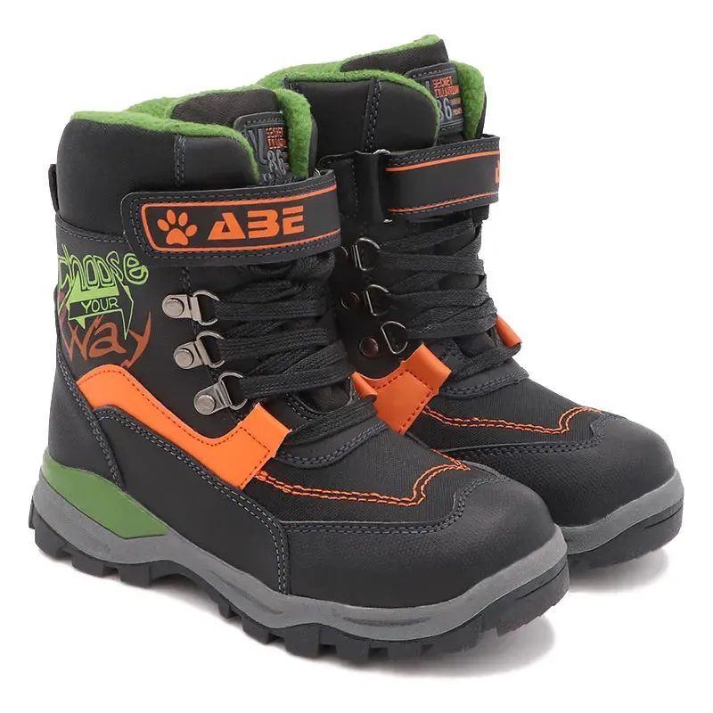 Boys Mid-Calf Black Leather And Rubber Winter Shoes