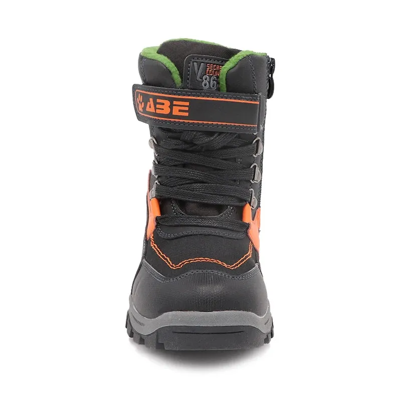 Boys Mid-Calf Black Leather And Rubber Winter Shoes
