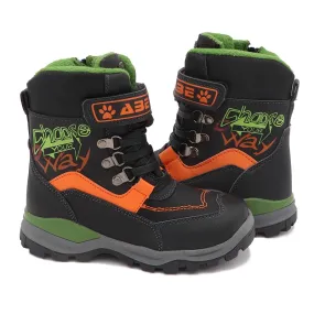 Boys Mid-Calf Black Leather And Rubber Winter Shoes