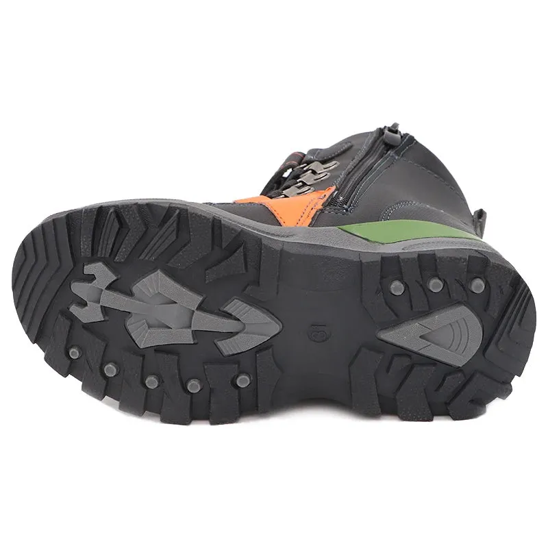 Boys Mid-Calf Black Leather And Rubber Winter Shoes