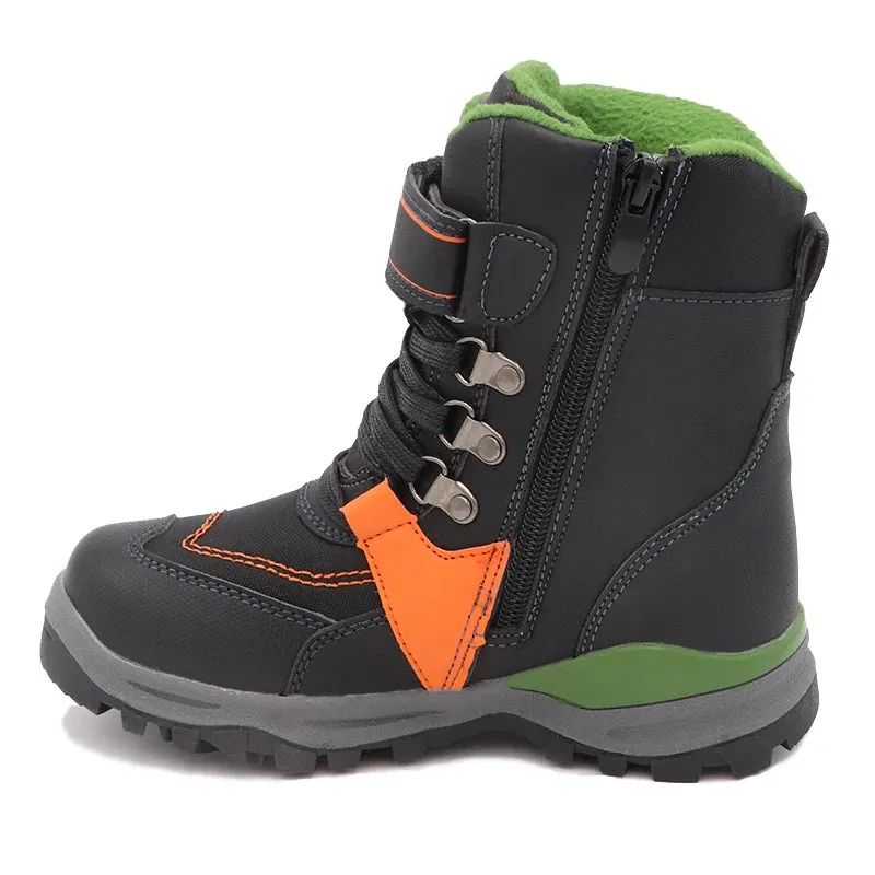 Boys Mid-Calf Black Leather And Rubber Winter Shoes