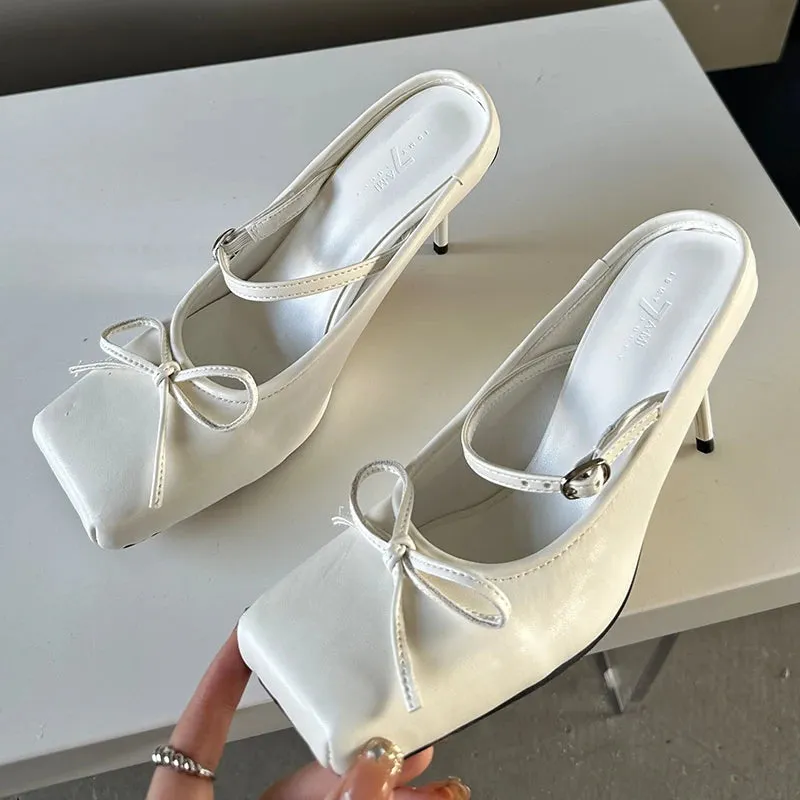 Butterfly-Knot Square Toe Pumps – Chic Thin Heeled Shoes for Women