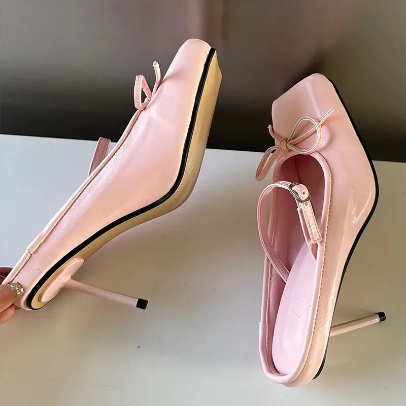 Butterfly-Knot Square Toe Pumps – Chic Thin Heeled Shoes for Women