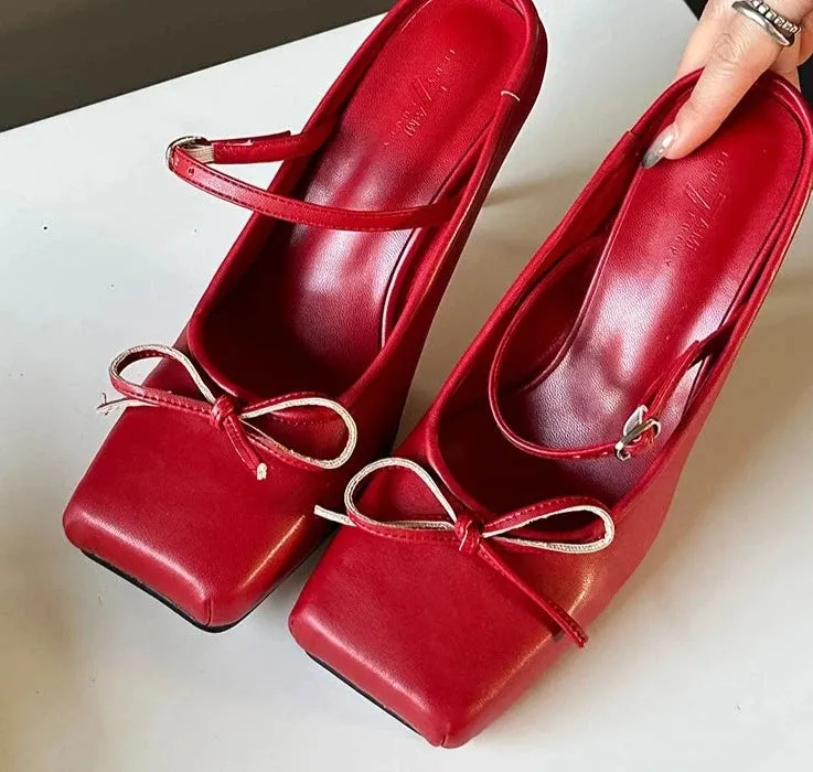 Butterfly-Knot Square Toe Pumps – Chic Thin Heeled Shoes for Women