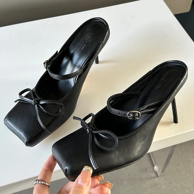 Butterfly-Knot Square Toe Pumps – Chic Thin Heeled Shoes for Women