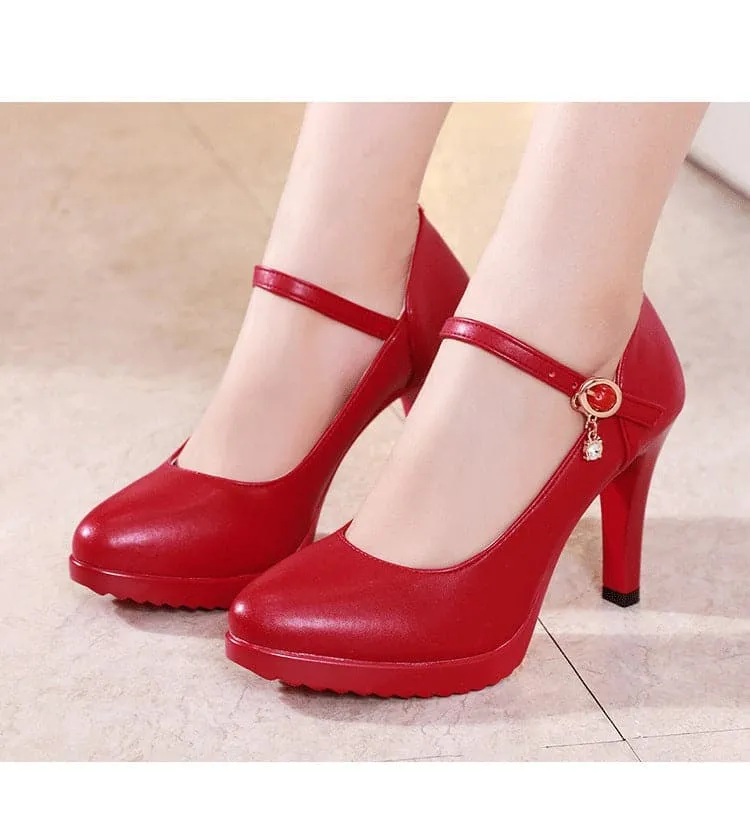 CABRINA Design Women's Stylish Elegant Fashion Red Buckle Design Pumps Dress Shoes