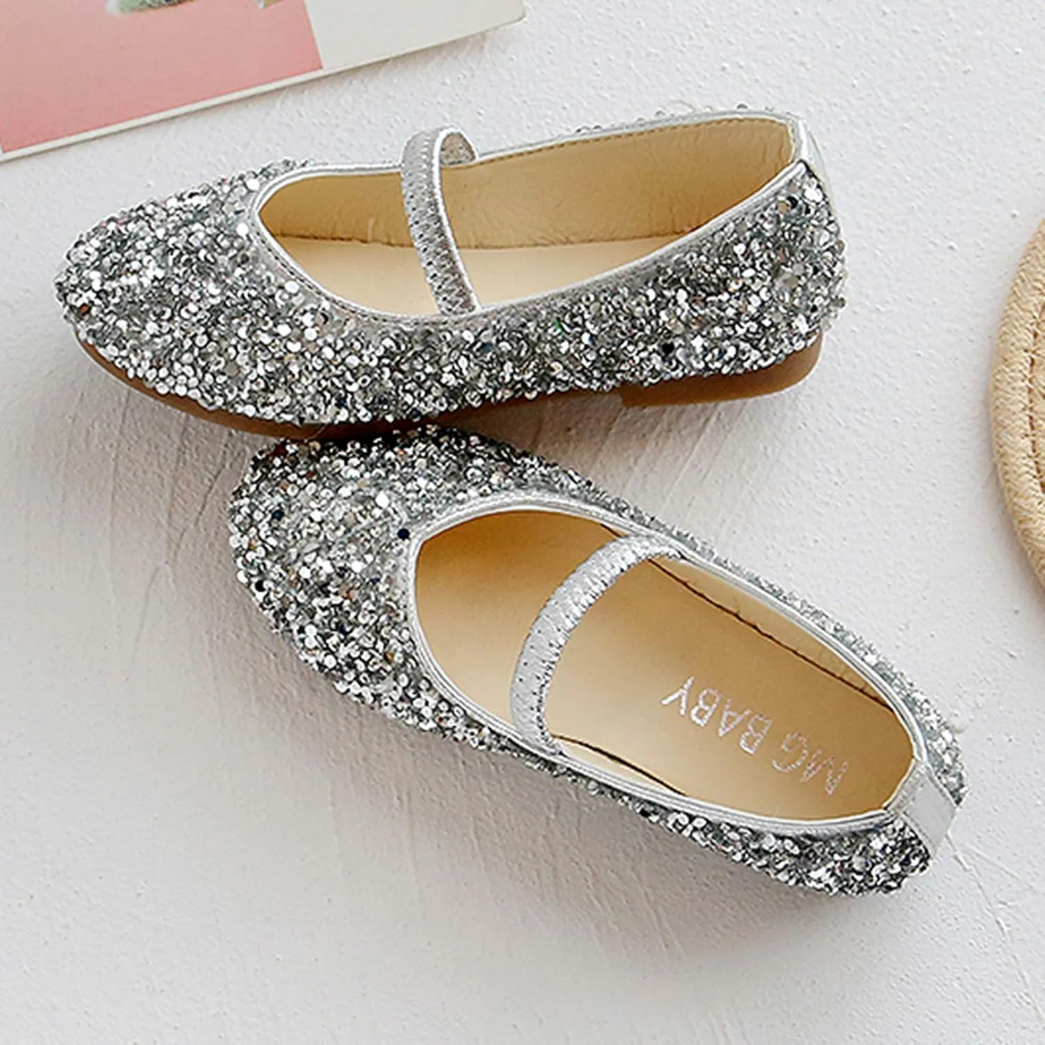 Girls Classic Slip on Mary Jane Ballet 𝗙lats Glitter Wedding P𝐚rty Bridesmaids Flower Girl Dress Shoes