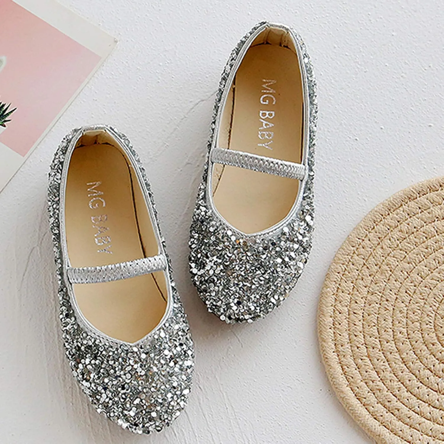 Girls Classic Slip on Mary Jane Ballet 𝗙lats Glitter Wedding P𝐚rty Bridesmaids Flower Girl Dress Shoes
