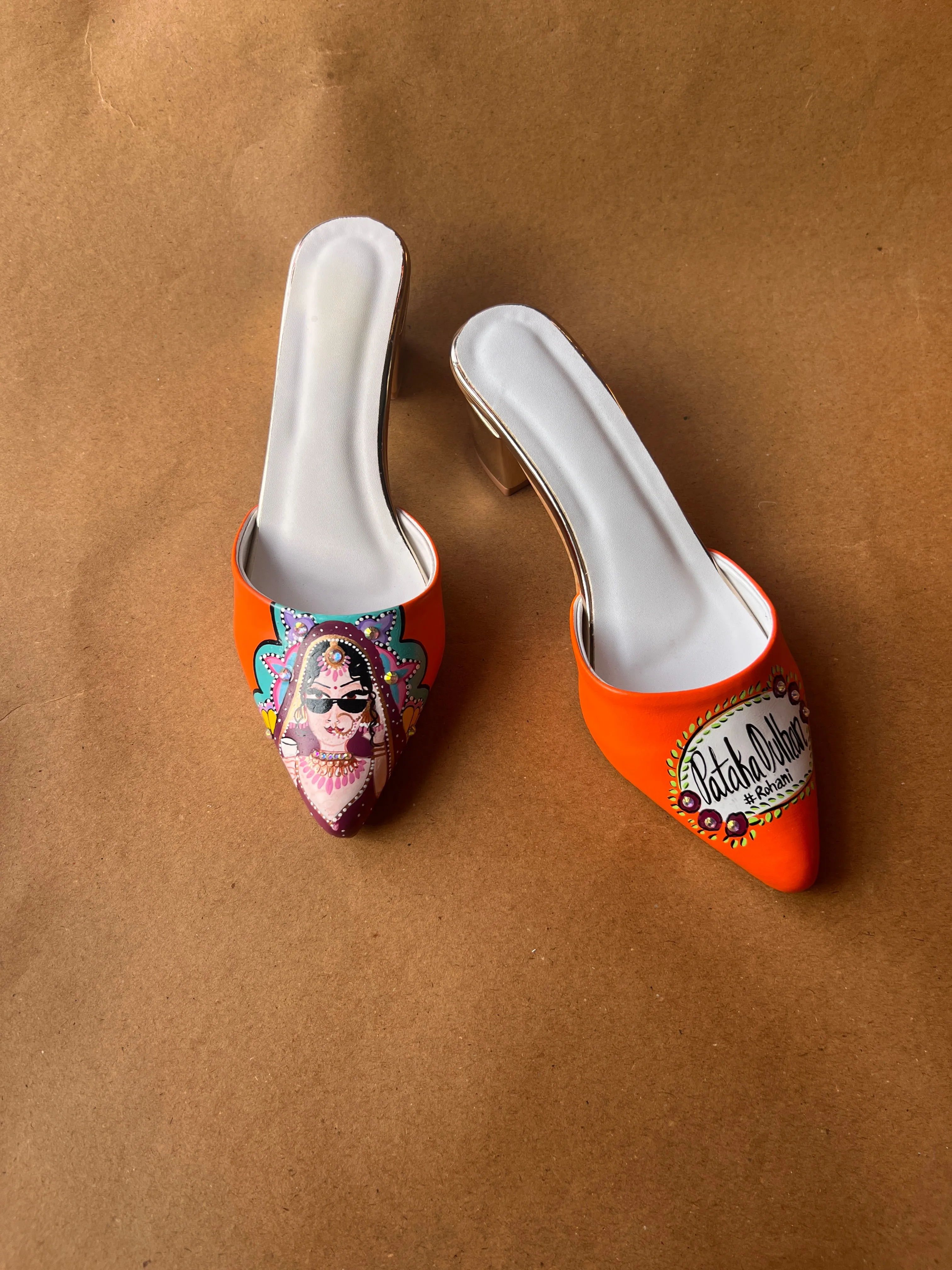 Orange 2 inch swag bride mules