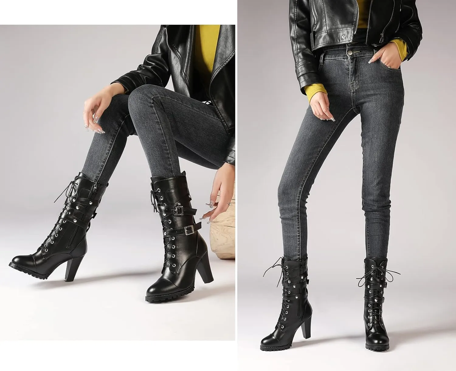 Susanny High Heel Boots for Women,Womens Platform Boot Heels Sexy Round Toe Lace UP High Heels Mid Calf Boots