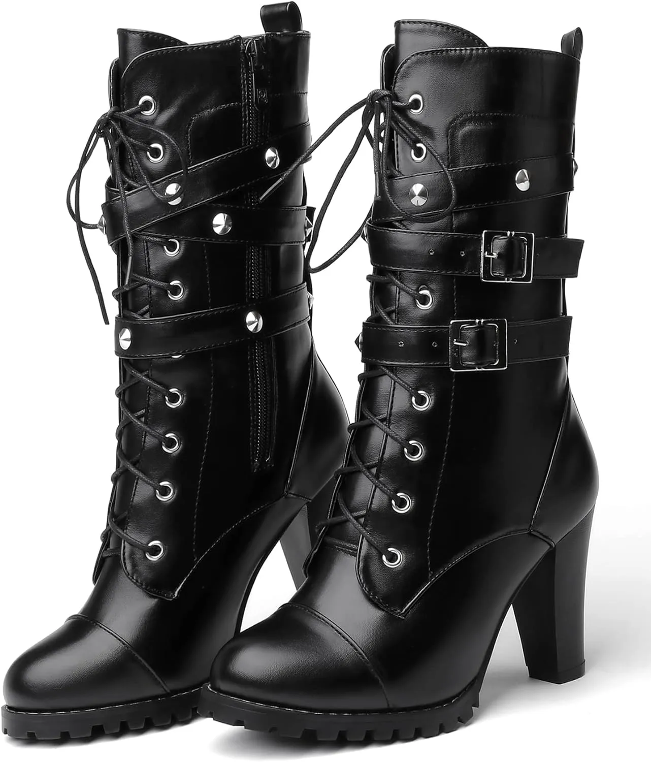 Susanny High Heel Boots for Women,Womens Platform Boot Heels Sexy Round Toe Lace UP High Heels Mid Calf Boots