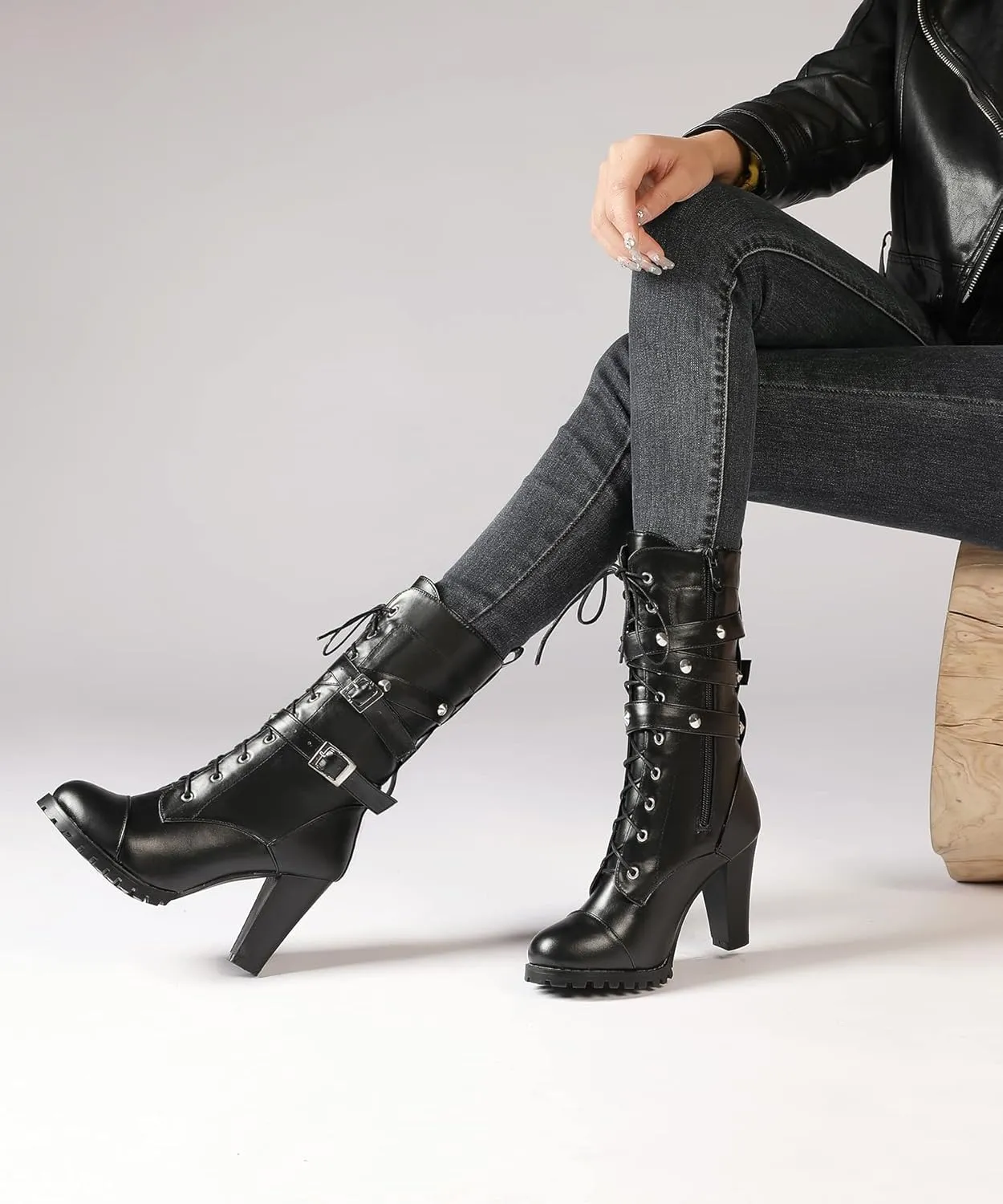 Susanny High Heel Boots for Women,Womens Platform Boot Heels Sexy Round Toe Lace UP High Heels Mid Calf Boots