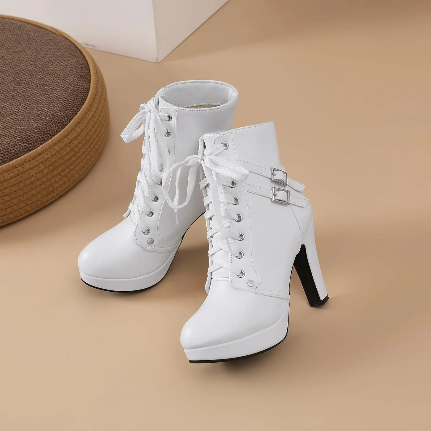 Susanny High Heel Boots for Women,Womens Platform Boot Heels Sexy Round Toe Lace UP High Heels Mid Calf Boots