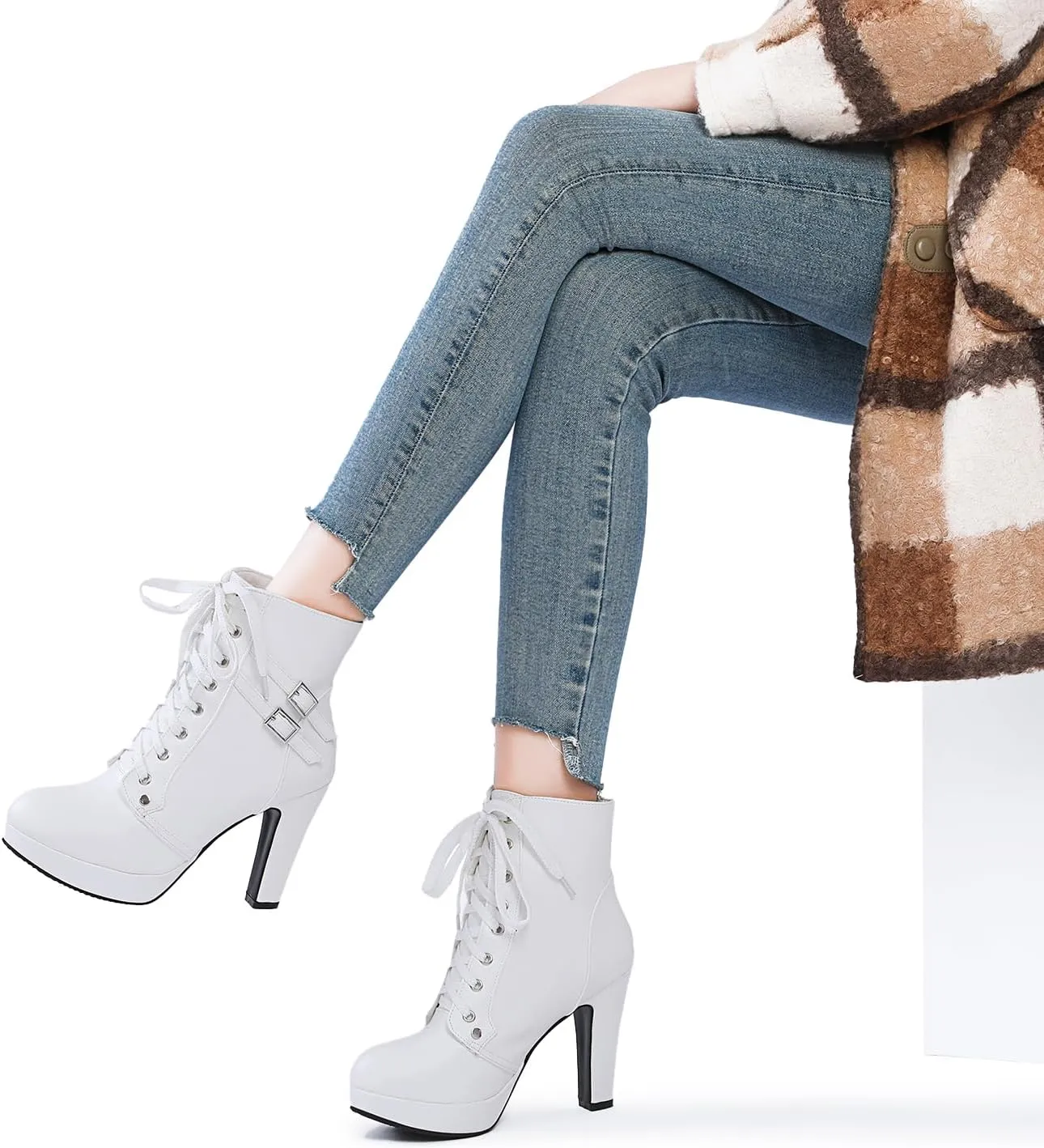 Susanny High Heel Boots for Women,Womens Platform Boot Heels Sexy Round Toe Lace UP High Heels Mid Calf Boots
