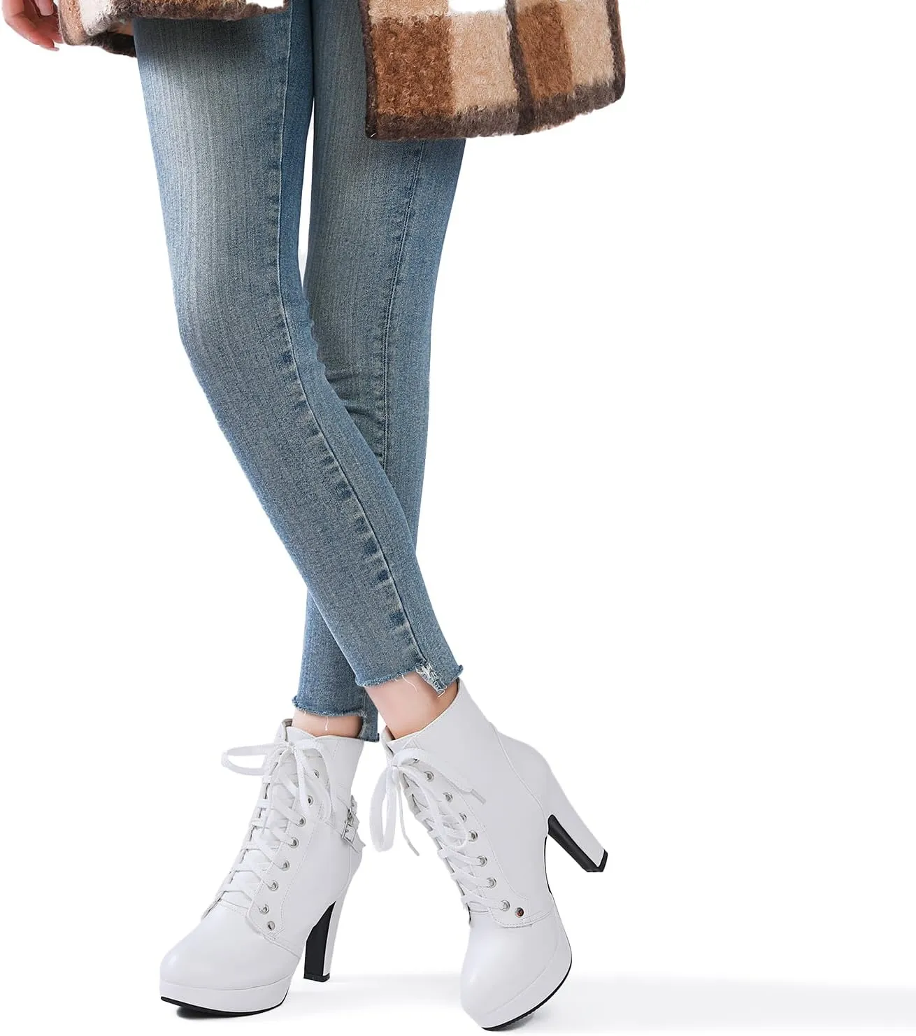 Susanny High Heel Boots for Women,Womens Platform Boot Heels Sexy Round Toe Lace UP High Heels Mid Calf Boots