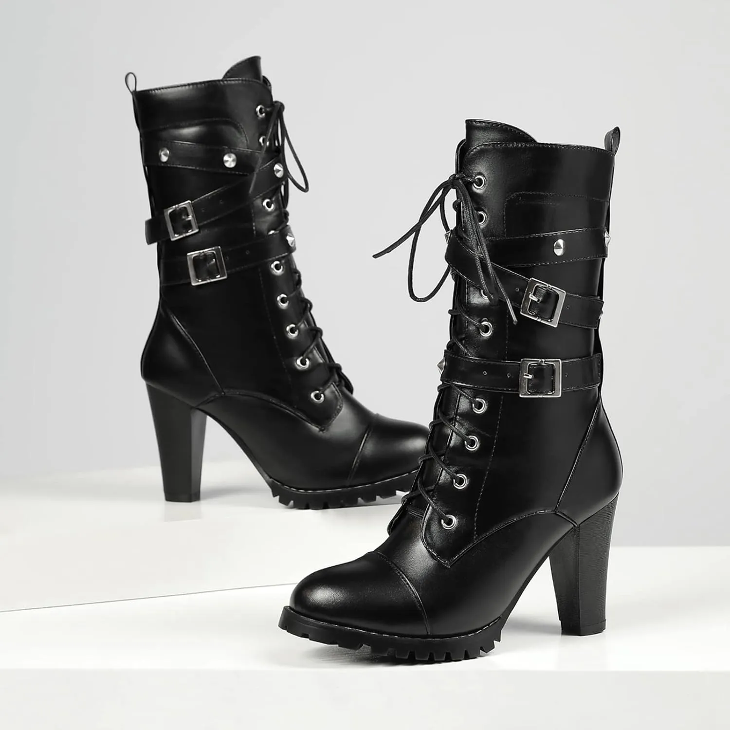 Susanny High Heel Boots for Women,Womens Platform Boot Heels Sexy Round Toe Lace UP High Heels Mid Calf Boots