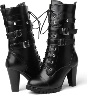 Susanny High Heel Boots for Women,Womens Platform Boot Heels Sexy Round Toe Lace UP High Heels Mid Calf Boots
