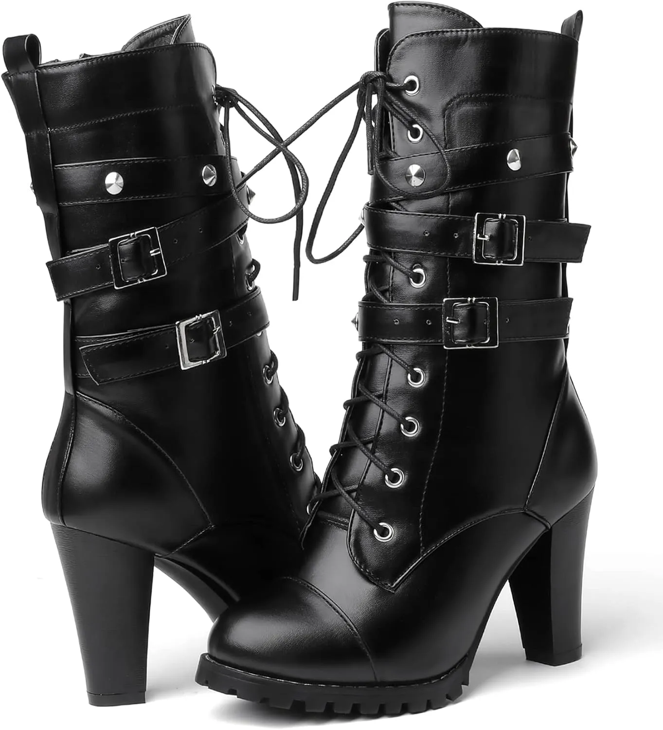 Susanny High Heel Boots for Women,Womens Platform Boot Heels Sexy Round Toe Lace UP High Heels Mid Calf Boots