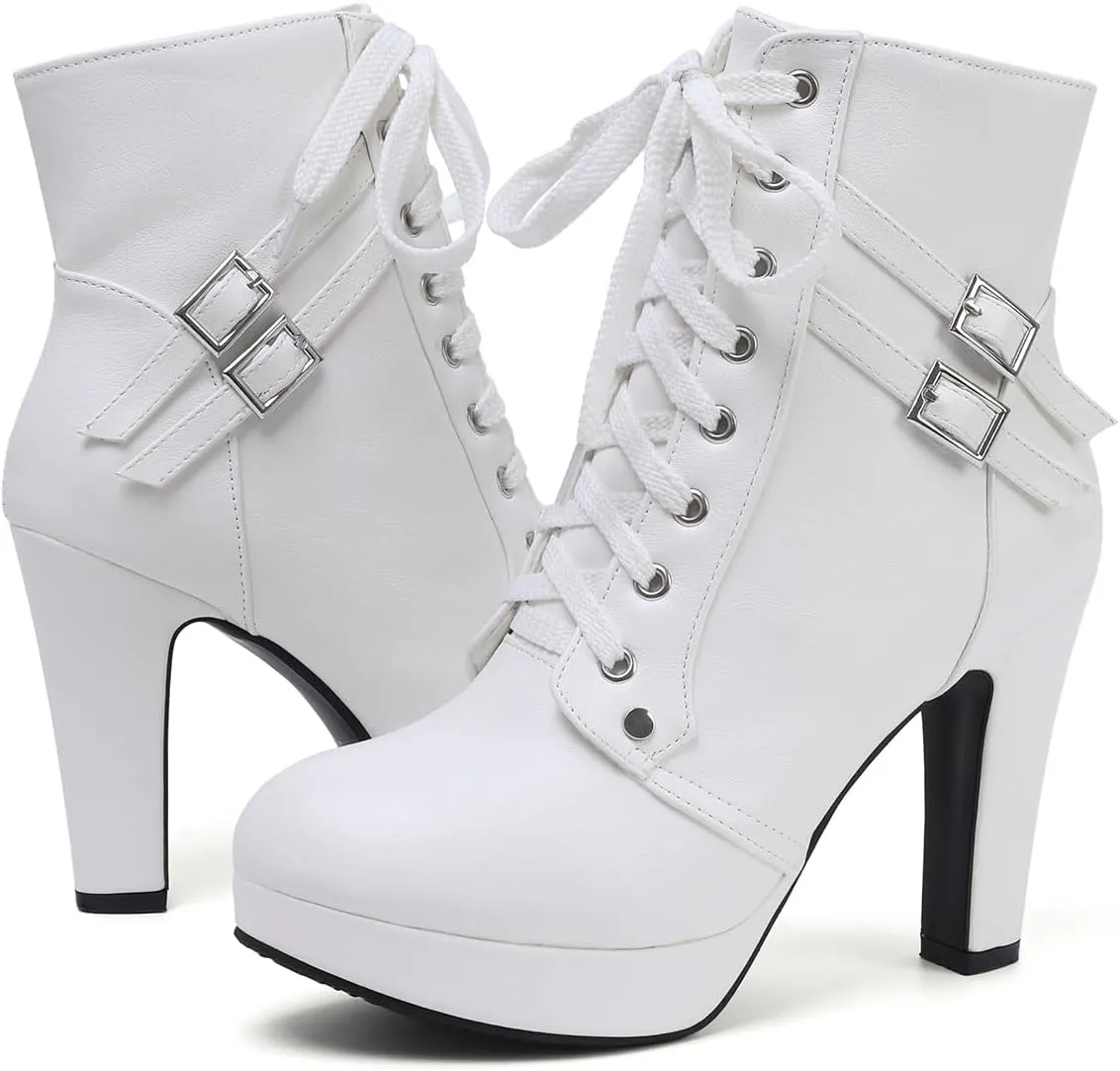 Susanny High Heel Boots for Women,Womens Platform Boot Heels Sexy Round Toe Lace UP High Heels Mid Calf Boots