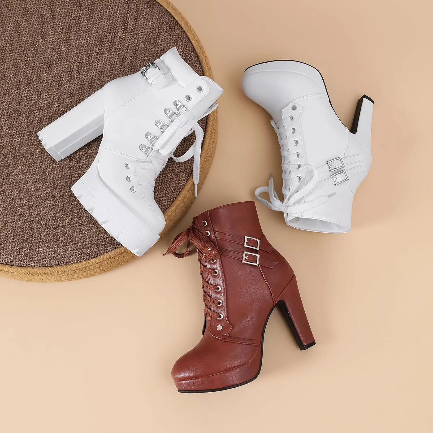 Susanny High Heel Boots for Women,Womens Platform Boot Heels Sexy Round Toe Lace UP High Heels Mid Calf Boots