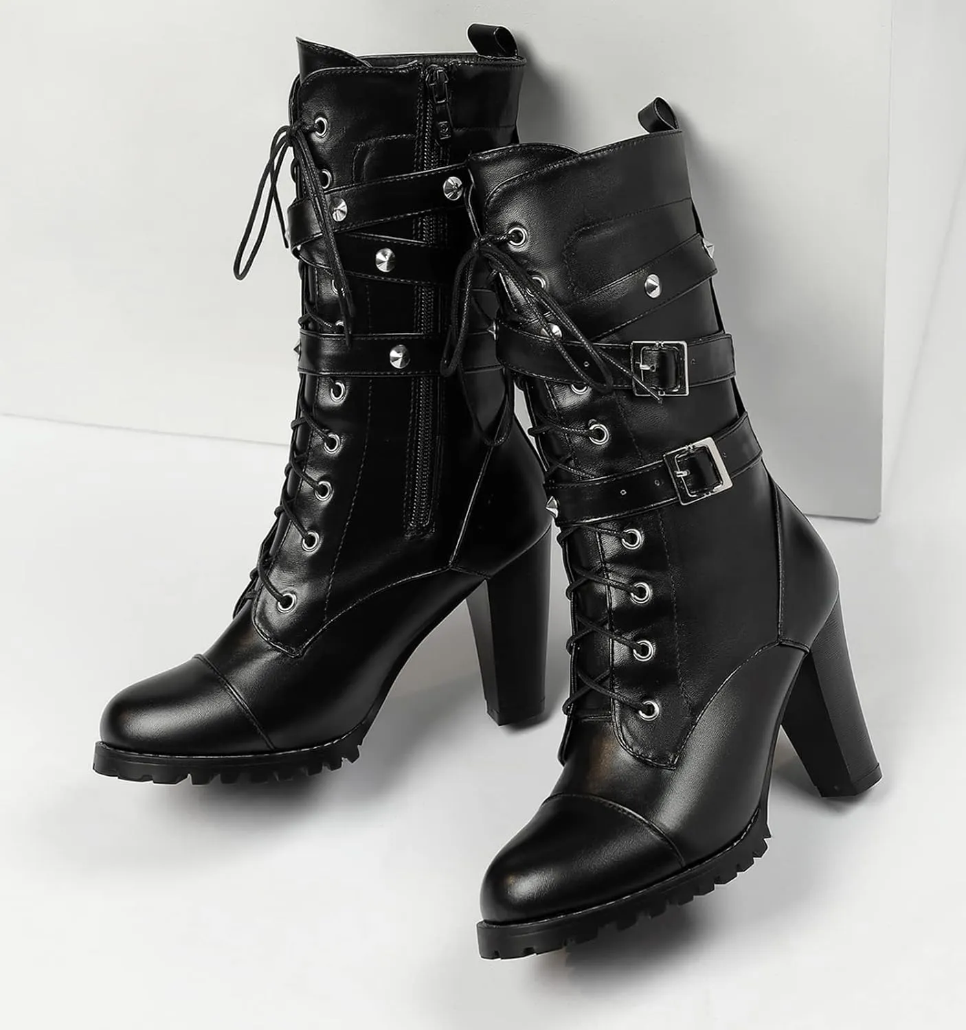 Susanny High Heel Boots for Women,Womens Platform Boot Heels Sexy Round Toe Lace UP High Heels Mid Calf Boots