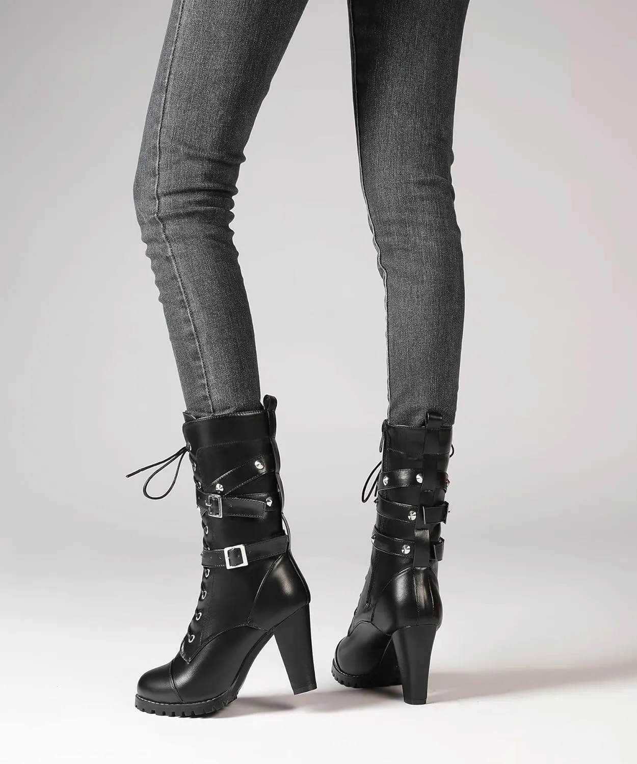 Susanny High Heel Boots for Women,Womens Platform Boot Heels Sexy Round Toe Lace UP High Heels Mid Calf Boots