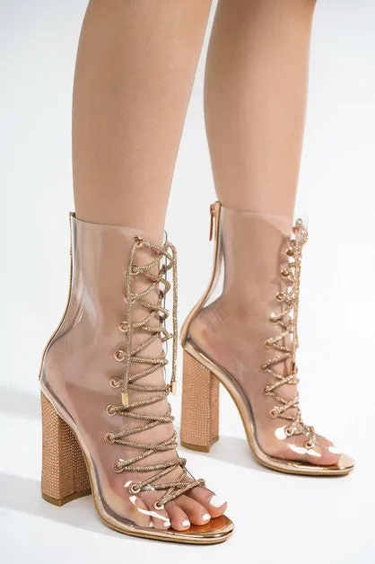 Transparent Rose Gold Lace Up Ankle Bootie Heels