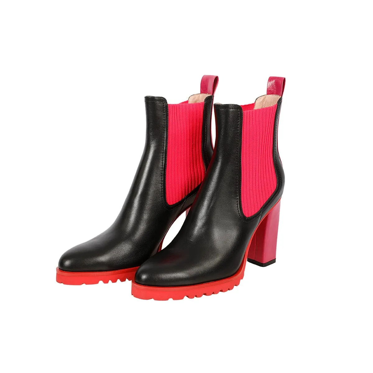 Women Black Leather With Knitted Blocking High-Heel Australian Boots