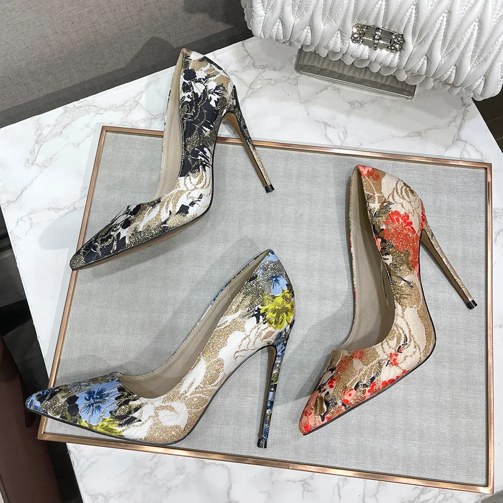 Women embroidered flower pointed toe stiletto cute high heels