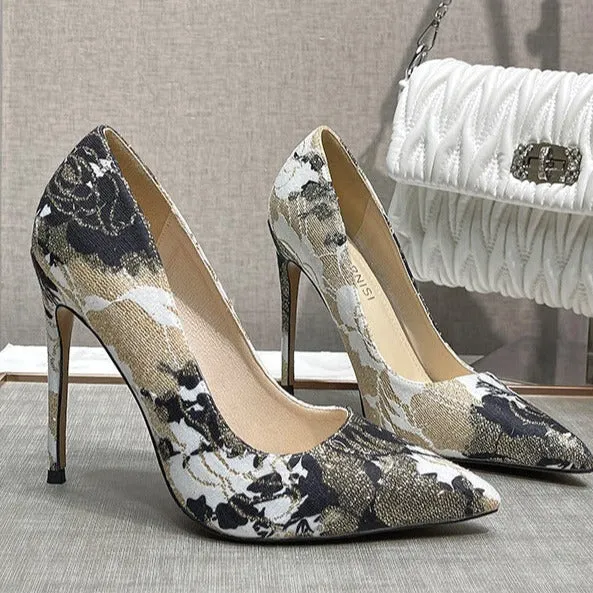Women embroidered flower pointed toe stiletto cute high heels