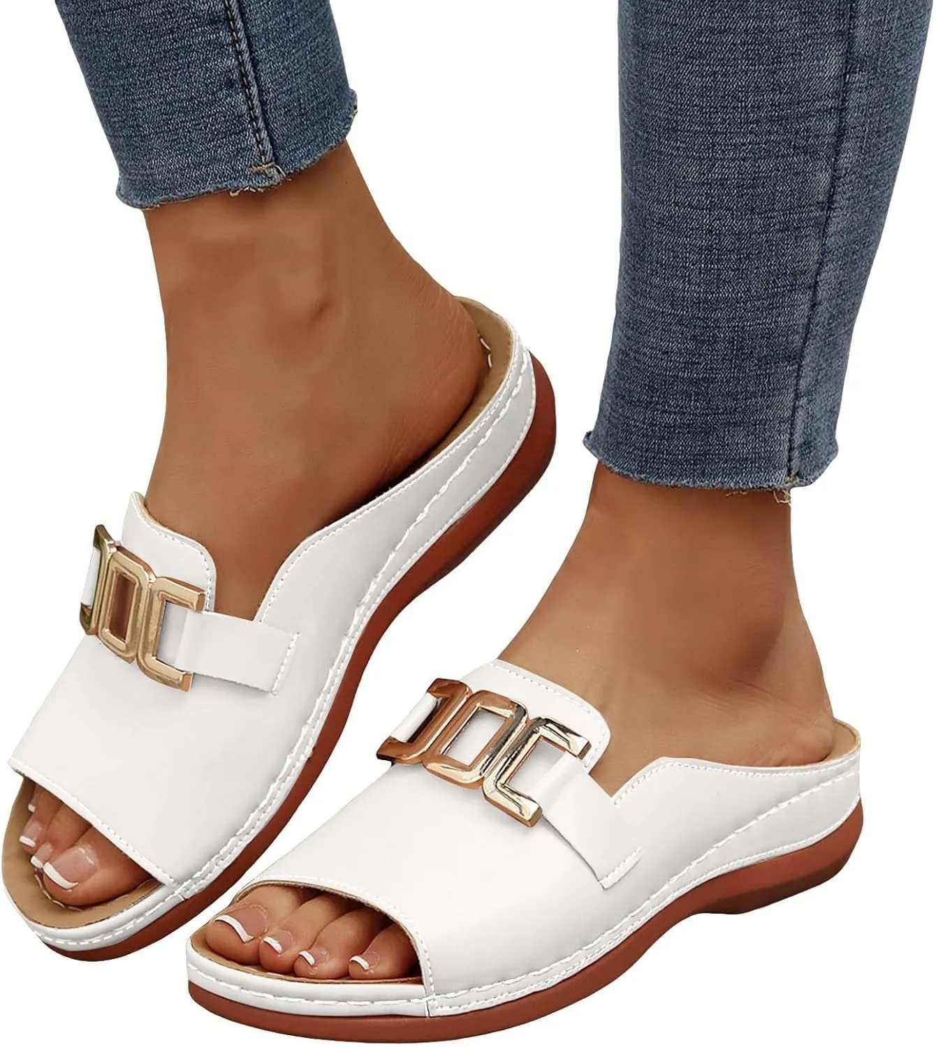 Women's Dressy Flat Sandals Comfortable Slip On Leather Slide Flip Flops Lightweight Casual 2025 Beach Slides Footwear Flop Thong Summer with Arch Support Indoor Outdoor Walking Slippers
