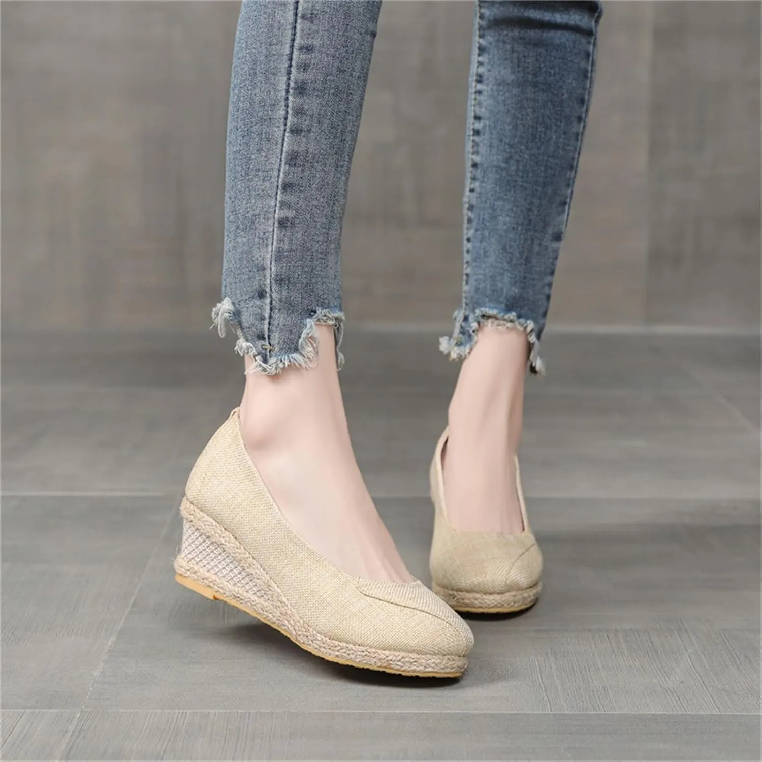 Women's Platform Espadrilles Pointed Toe Comfortable Wedge Pumps Shoes Solid Color Mid Low Heel Canvas Wedges Shoes Casual Summer Closed Toe Shoe for Work