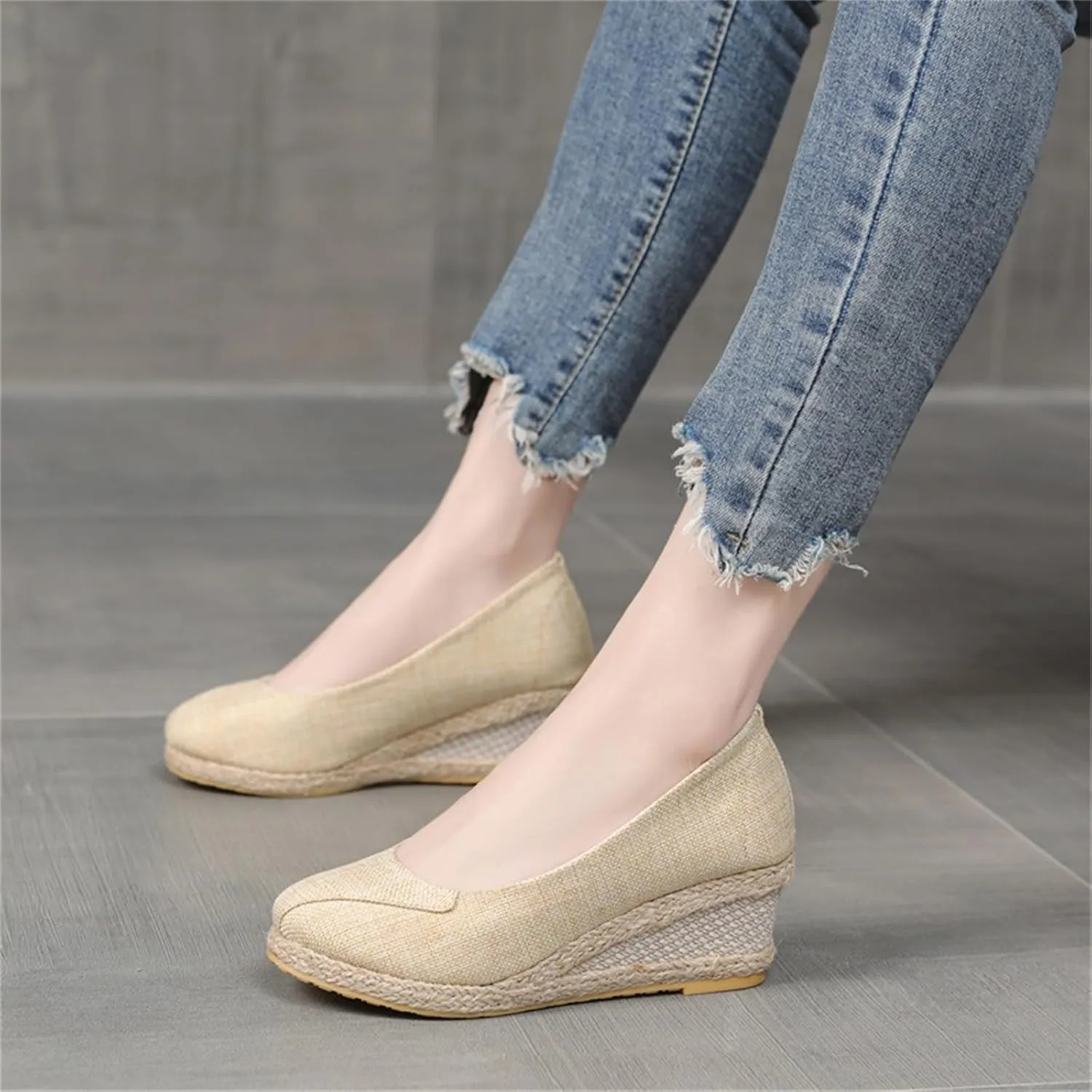 Women's Platform Espadrilles Pointed Toe Comfortable Wedge Pumps Shoes Solid Color Mid Low Heel Canvas Wedges Shoes Casual Summer Closed Toe Shoe for Work