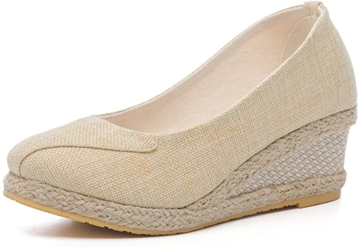 Women's Platform Espadrilles Pointed Toe Comfortable Wedge Pumps Shoes Solid Color Mid Low Heel Canvas Wedges Shoes Casual Summer Closed Toe Shoe for Work