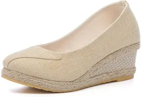 Women's Platform Espadrilles Pointed Toe Comfortable Wedge Pumps Shoes Solid Color Mid Low Heel Canvas Wedges Shoes Casual Summer Closed Toe Shoe for Work