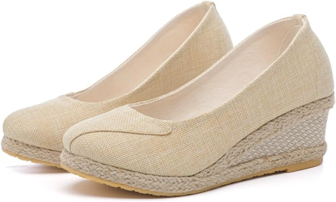 Women's Platform Espadrilles Pointed Toe Comfortable Wedge Pumps Shoes Solid Color Mid Low Heel Canvas Wedges Shoes Casual Summer Closed Toe Shoe for Work