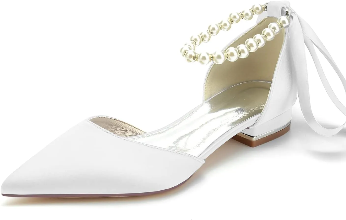 Women's Pointed Toe Pearl Wedding Flats for Bride Comfortable Wedding Shoes Low Heels Rhinestones Bridal Flats Evening Prom Party Dress Shoes Pumps