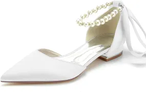 Women's Pointed Toe Pearl Wedding Flats for Bride Comfortable Wedding Shoes Low Heels Rhinestones Bridal Flats Evening Prom Party Dress Shoes Pumps