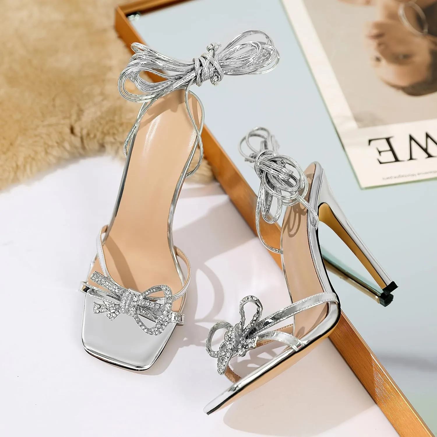 YODEKS Women's High Heel Sandals Strappy Stiletto High Heel Open Square Toe Shoes